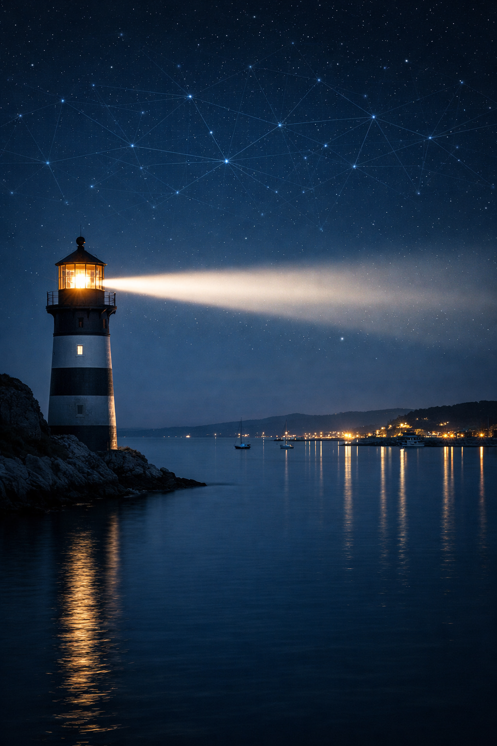 A lighthouse shining across the water at night